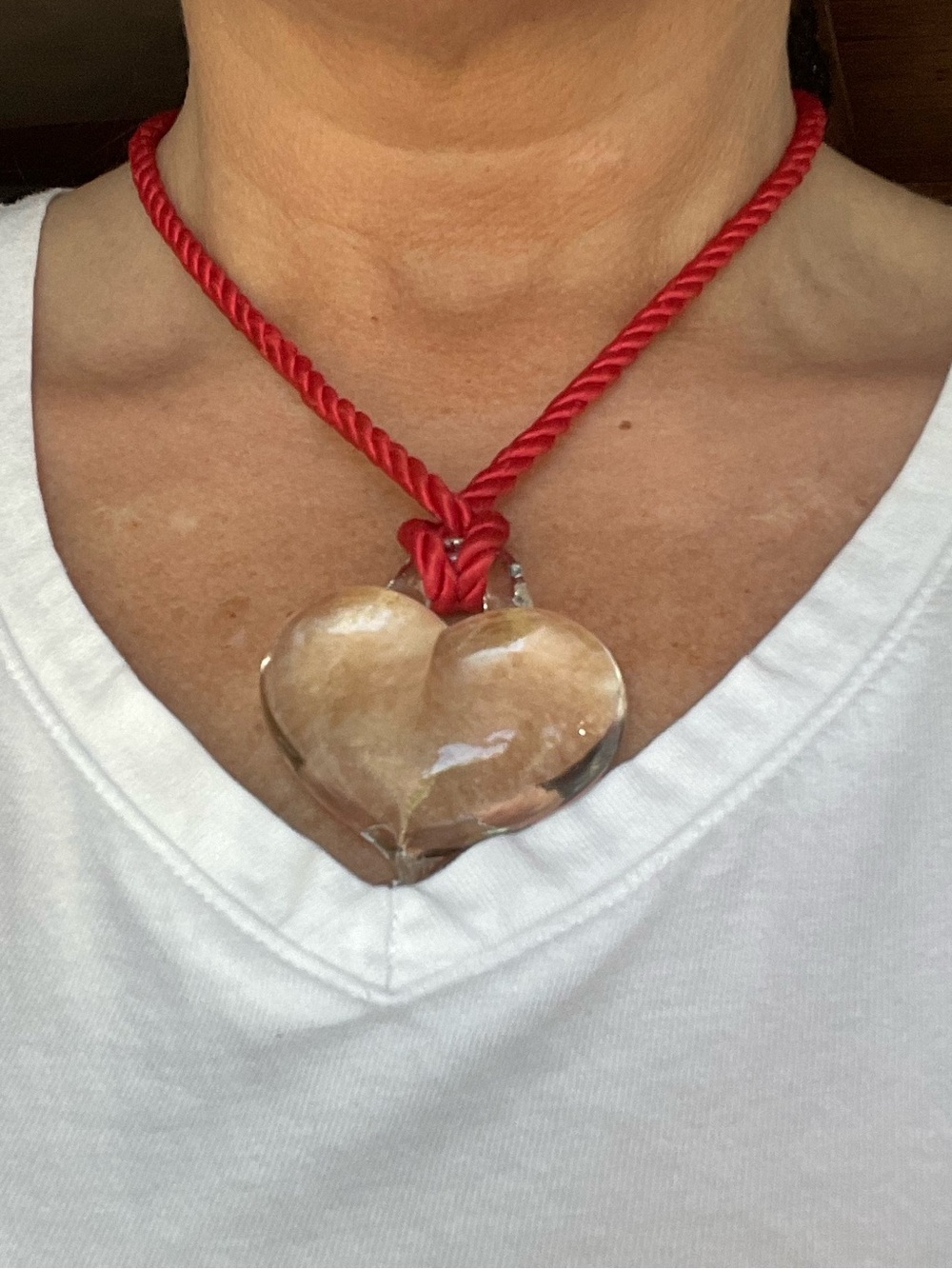 Clear Crystal Puffy Heart Pendant on Red Cord Statement Necklace